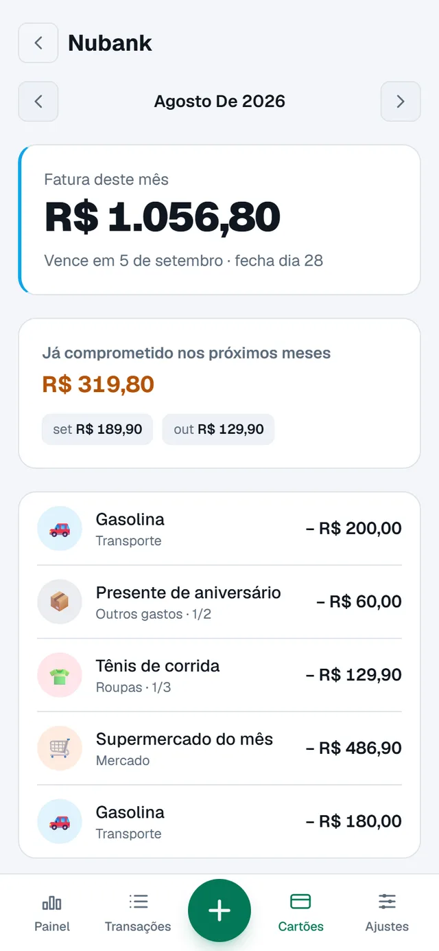 Tela do aplicativo: A fatura fecha sozinha