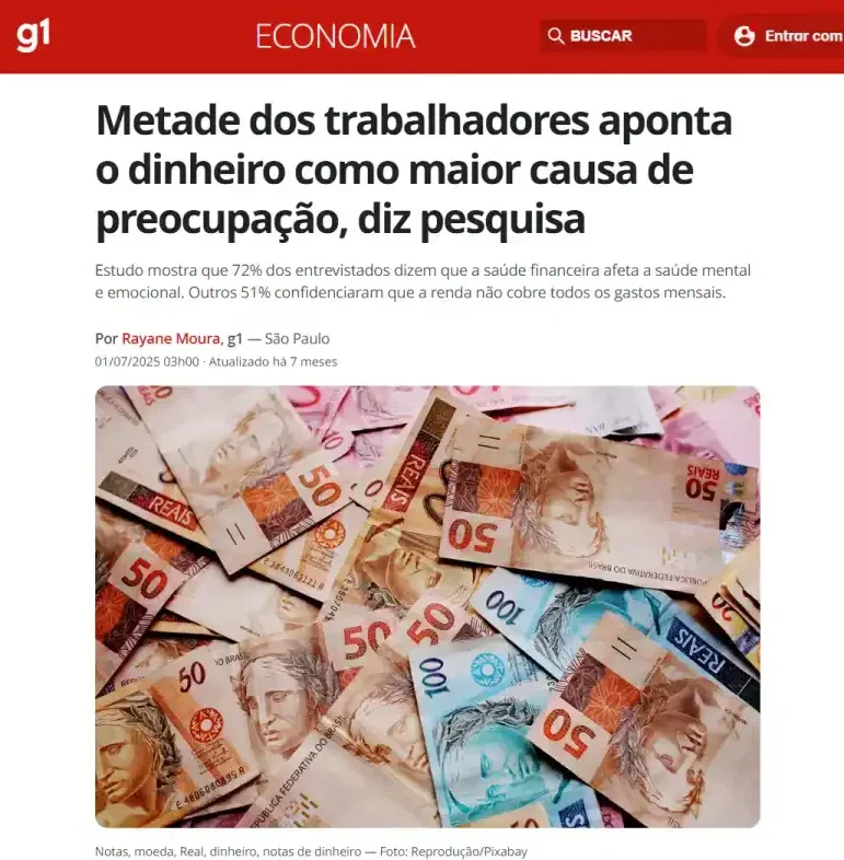 Notícia do g1: metade dos trabalhadores aponta o dinheiro como maior causa de preocupação, diz pesquisa
